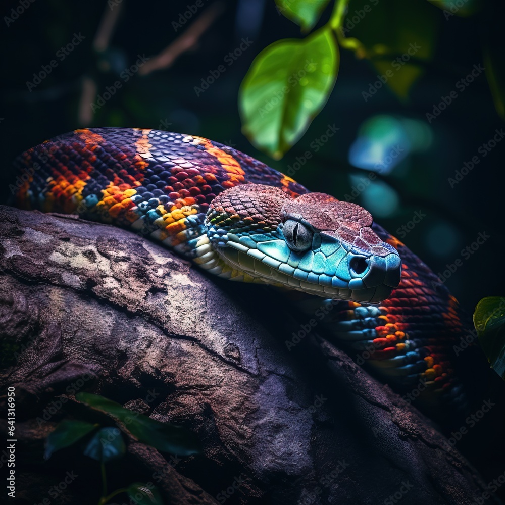 Fototapeta premium Amazing Shot of a Colorful Snake over a Tropical Background.