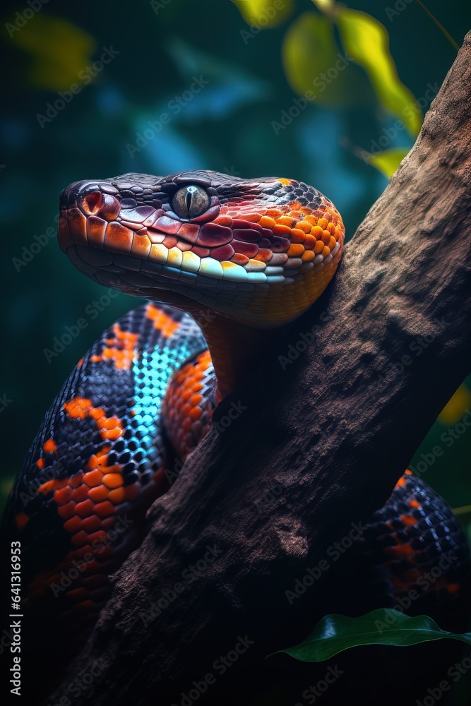 Fototapeta premium Amazing Shot of a Colorful Snake over a Tropical Background.