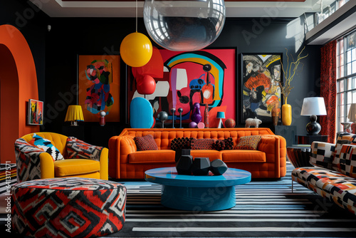 modern maximalist living room interior, eclectic. photo