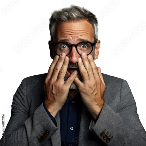 Middle aged man in shock hiding his face and eyes with his hand looking embarrassed wearing glasses