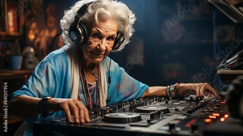 OLD HAPPY WOMAN WITH HEADPHONES PLAYS MUSIC ON A DJ CONSOLE.