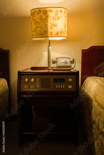 Vintage phone and control panel in a hotel bedroom, Pyongyang, Democratic Peoples's Republic of Korea (DPRK), North Korea photo