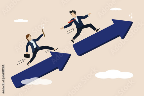 Business baton passing, job handover or teamwork to win business concept, coworkers passing the baton while running at full speed to achieve success together.