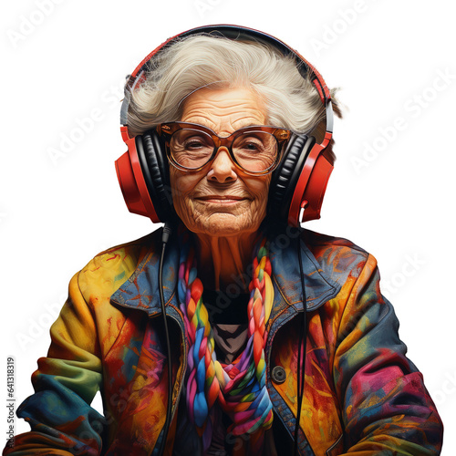 Senior woman enjoying music with headphones captured in an artwork