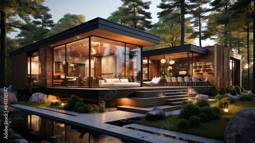 Modern villa decorated with wooden planks cladding. Generative AI. © ProVector
