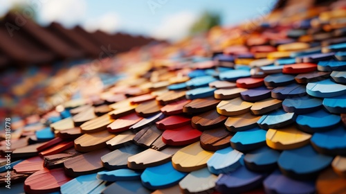 Multi colored roof tiles stack in rows symbolizing ancien. Generative AI.