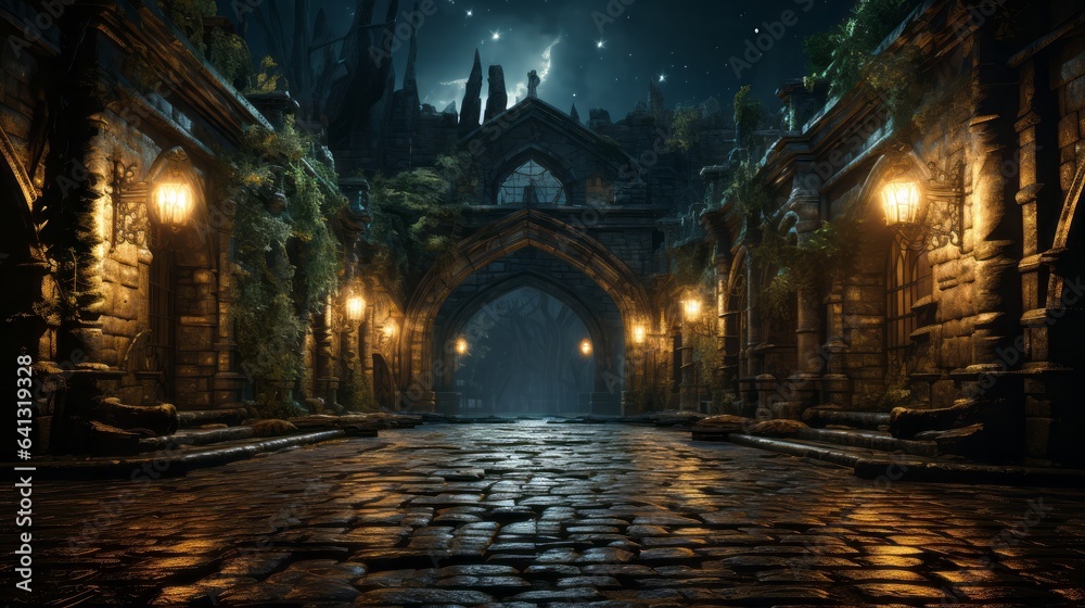 Old stone archway in the middle of a cobblestone street. Generative AI. Old stone archway in the middle of a cobblestone street. Generative AI.