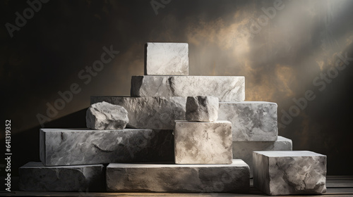 3d rendering of a podium made of stone on a dark background