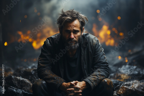 concept of man with depression sitting down trying to deal with negative thoughts