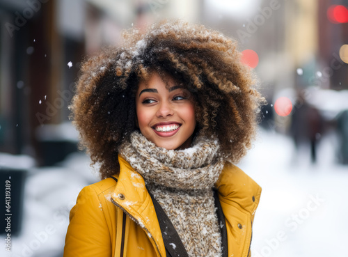 young woman with curly afro hair smiling on the street in winter.