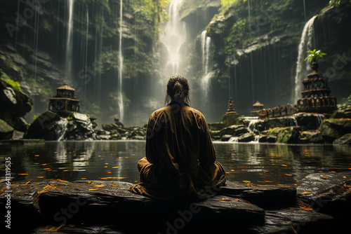 man meditating by the lake. mental health concept