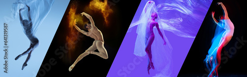 Collage. Elegant man and women, ballet dancers making creative and beautiful dance performance in neon light. Concept of classical dance, choreography, art, festival, inspiration. Banner, flyer, ad