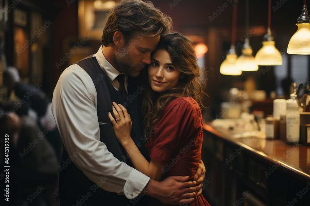 beautiful young couple man and woman embracing in a restaurant or bar, classic period clothing beautiful young couple man and woman embracing in a restaurant or bar, classic period clothing