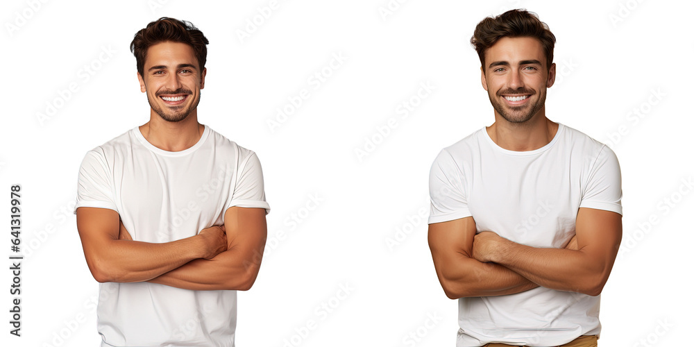 Fototapeta premium A cheerful positive young man in a white t shirt stands confidently with crossed arms facing the camera