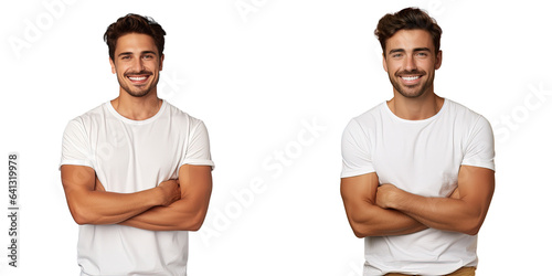 A cheerful positive young man in a white t shirt stands confidently with crossed arms facing the camera