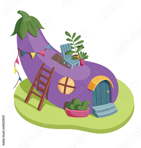A fancy purple eggplant house with a chimney, a cute little window and a door on the green grass in a cartoon style