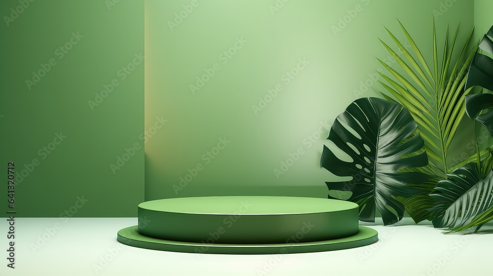 Green product display stand background with sunlight and leaves Green product display stand background with sunlight and leaves