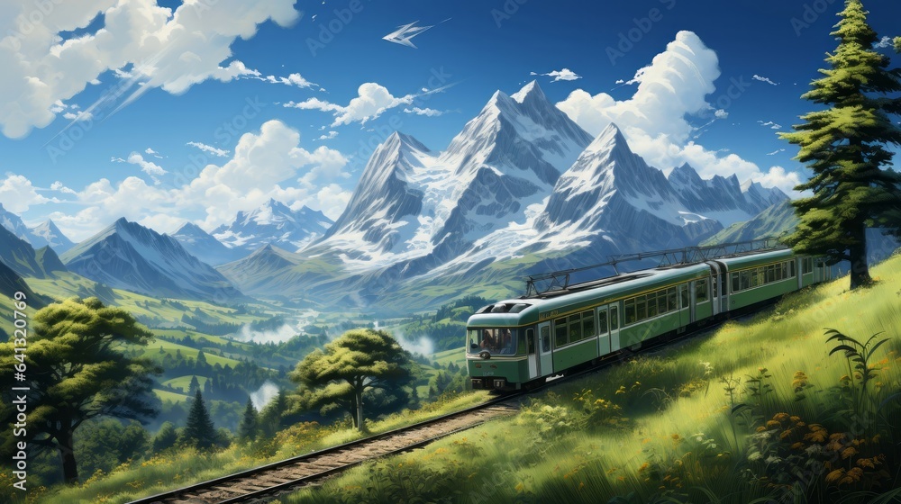 Photo realistic illustration of train mountaines green. Generative AI.