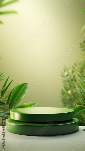 Green product display stand background with sunlight and leaves