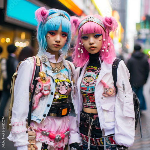 Girls dressed as anime characters or Harajuku, pose at a cosplay gathering in Japan. Shallow field of view.