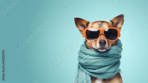 a trendy dog rocking sunglasses and a stylish scarf