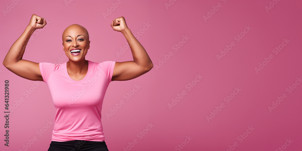 Strong african american woman winning fight against cancer. Cancer awareness banner, copy space. Strong african american woman winning fight against cancer. Cancer awareness banner, copy space.