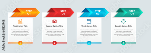Progress bar with 4 arrows on top rectangular elements placed in horizontal row. Concept of four steps to business success. Minimal infographic design template. gradient vector illustration.