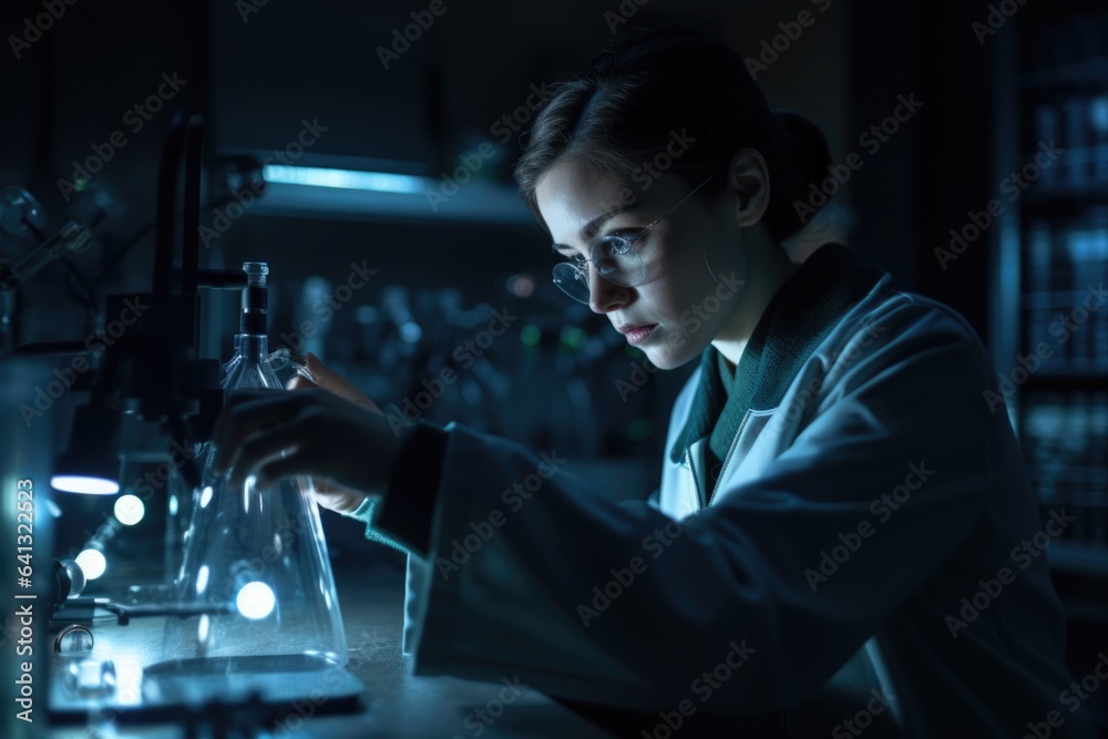 A young scientist woman student conducting experiments in a laboratory, surrounded by scientific equipment and chemicals. The scientific setting. Generative AI. A young scientist woman student conducting experiments in a laboratory, surrounded by scientific equipment and chemicals. The scientific setting. Generative AI.