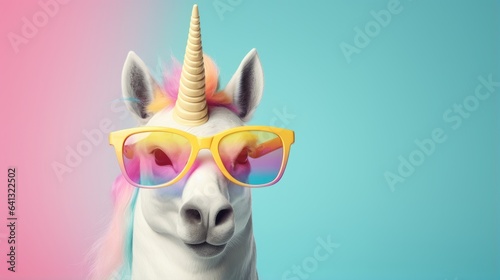 a whimsical unicorn with a vibrant rainbow horn and stylish sunglasses