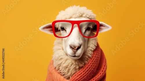 sheep wearing red glasses and a cozy sweater