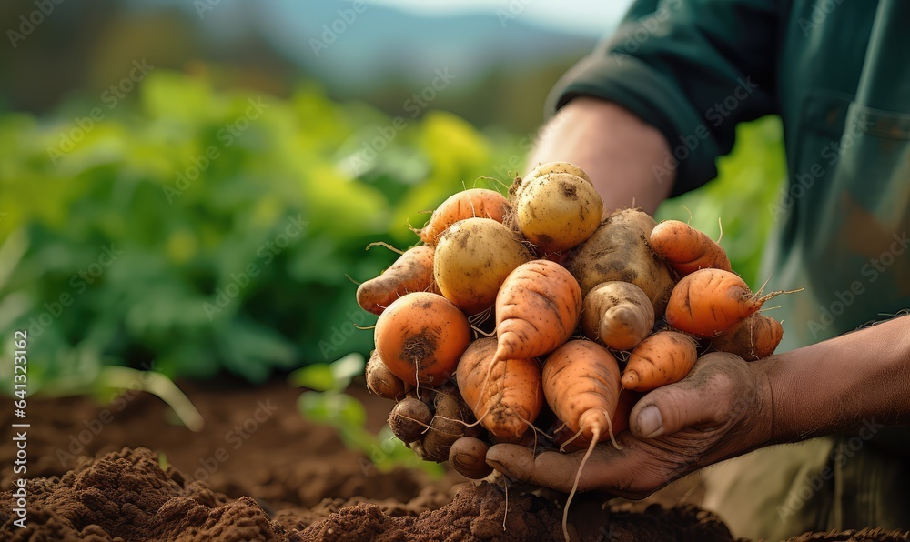 close-up of a farmer's hands holding freshly harvested vegetables, such as carrots, potatoes, and lettuce, with the rich, fertile soil of the farm visible . Generative AI - obrazy, fototapety, plakaty 