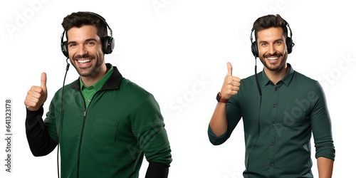 Obraz na płótnie Smiling telemarketer pointing at empty space on green chroma background