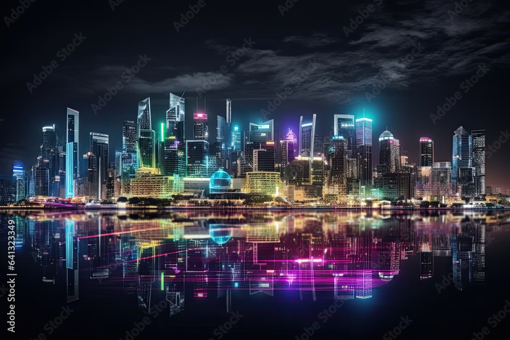 Obraz premium City skyline at night with buildings adorned with colorful LED lights powered by solar energy, creating a futuristic and sustainable cityscape. AI Generative.