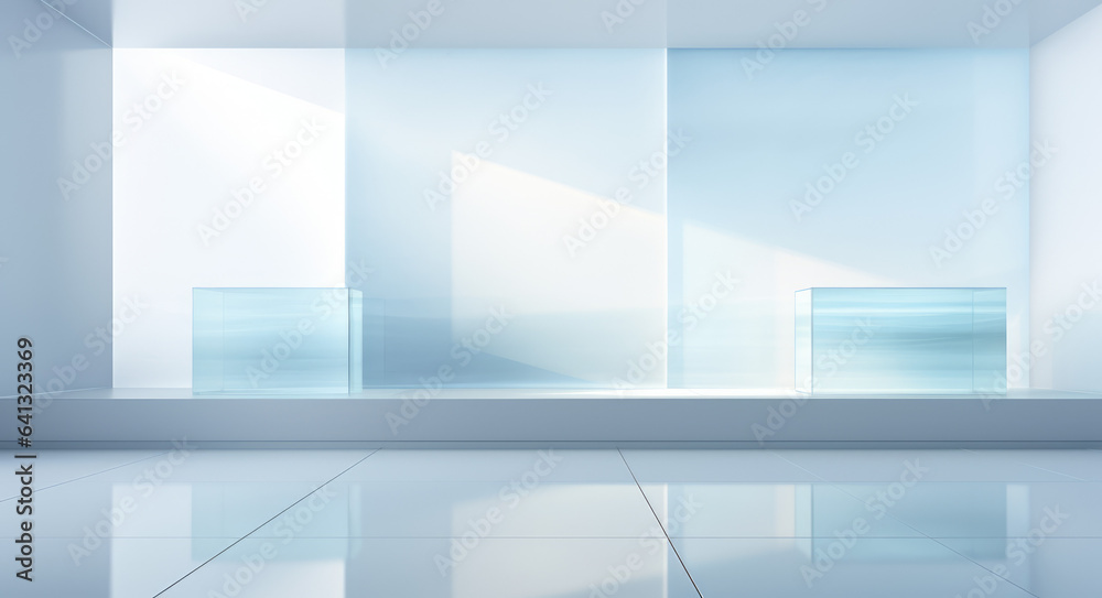 Obraz premium 3D rendering of a white room with a glass wall and a white floor