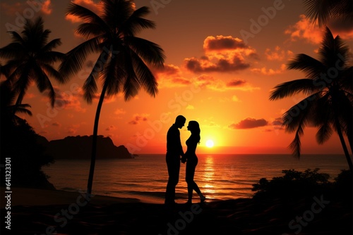 A romantic couple stands before a sunset  framed by palm trees  silhouettes