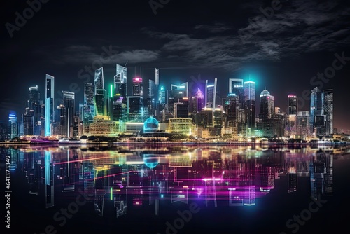City skyline at night with buildings adorned with colorful LED lights powered by solar energy, creating a futuristic and sustainable cityscape. AI Generative. © Regina