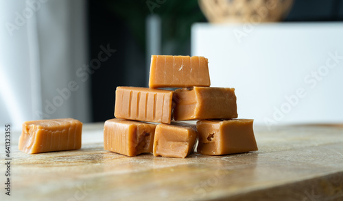 Traditional Polish fudge, known as Krówki meaning little cows. Krówka milky cream toffee candies from Poland. Creamy milk fudge, sweet confectionery candy.