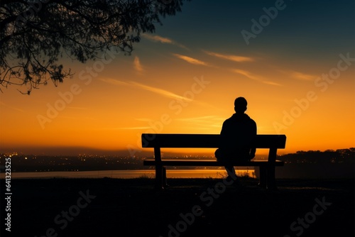 Calm twilight, Silhouetted man sits on bench during peaceful sunset
