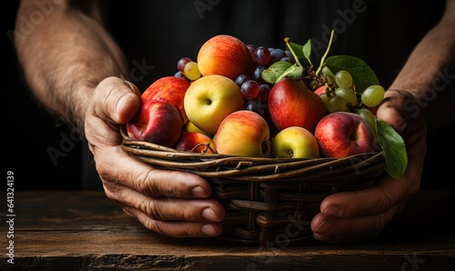 closeup of senior farmer's hands holding a basket with summer fruit with copy space defocused background photorealistic natural light . Generative AI