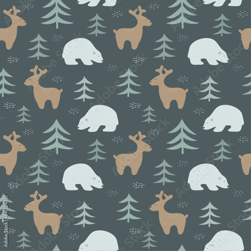Seamless pattern in scandinavian style. Polar bear, deer and fir trees forest  on dark background. Hand drawen Vector illustration for your design.