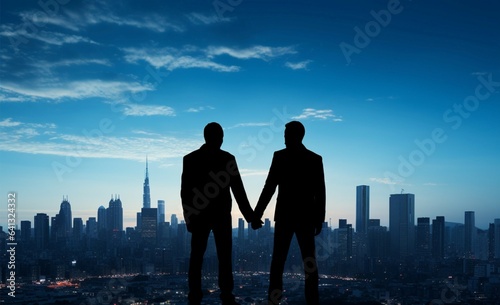 Happiness in silhouette, Gay men holding hands, cityscape, and blue sky
