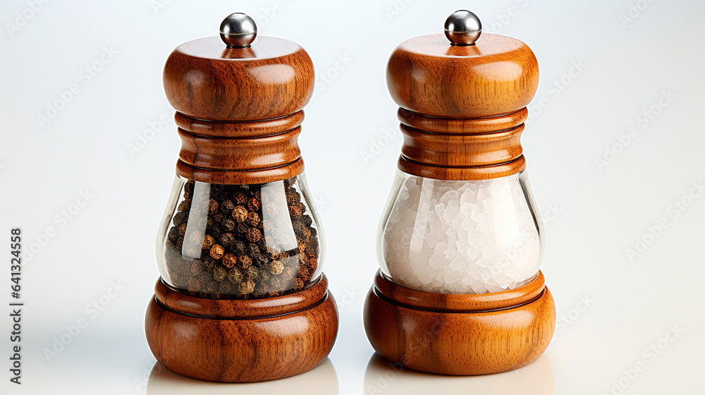 Pepper and Salt Grinders on a White Background. Generative AI. Pepper and Salt Grinders on a White Background. Generative AI.