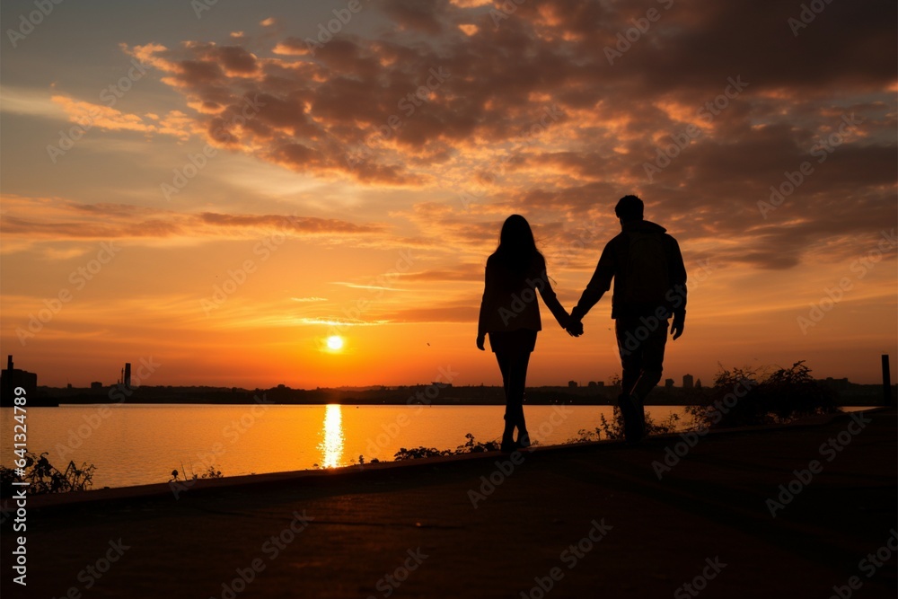 Lovers hold hands, bask in sunset, symbolizing freedom Lovers hold hands, bask in sunset, symbolizing freedom