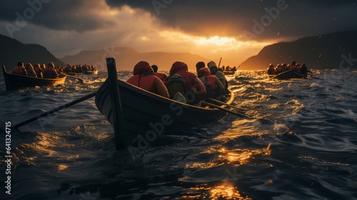 Refugees in boat crossing stormy sea. Generative AI.
