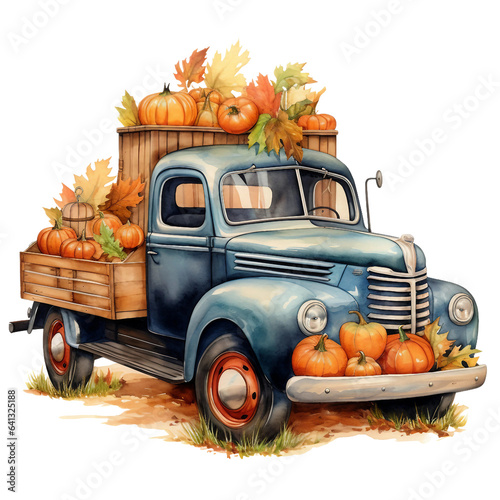 Watercolor Vintage Truck With Pumpkins