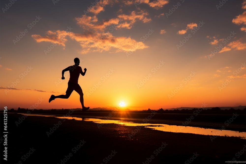 Silhouetted runner against a vibrant sunset, embodying an active lifestyle