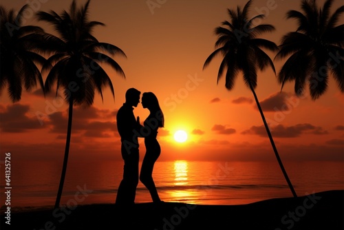 Silhouetted palms accentuate couples sunset romance, natures tableau of love