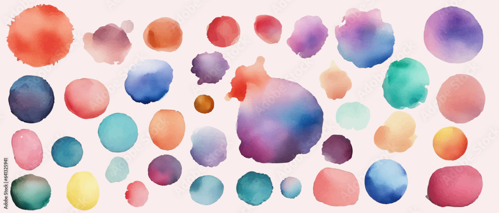 Big set of splashes of multicolored ink in different shapes.