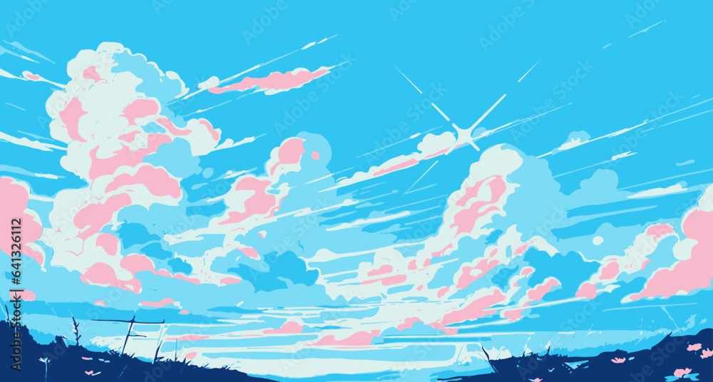 Obraz premium Bright cloudscape with a glowing star overhead. Vector illustration in cartoon anime style with retrofuturistic vaporwave vibe.