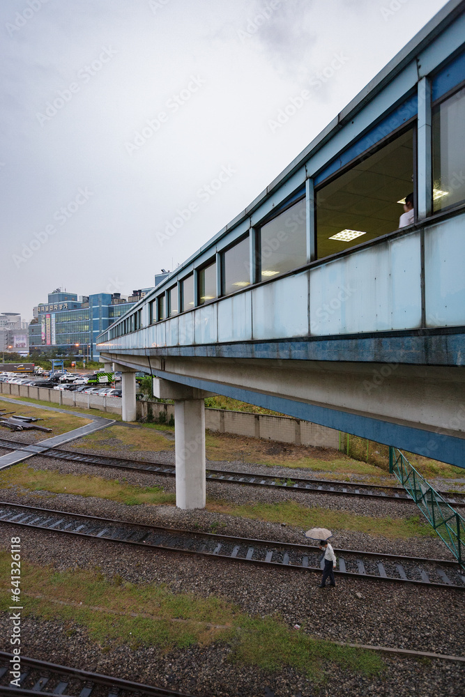 YONGSAN, SEOUL, SOUTH KOREA: suspended corridor, above railway tracks, leading to Yongsan Electronic Market